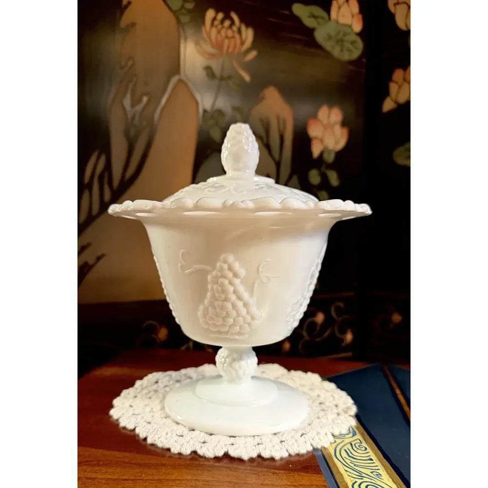 Vintage Milk Glass Covered Compote Candy Dish Grape Vine Pedestal Open Lace